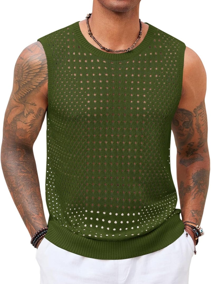Runcati Mens Knit Sleeveless Tank Tops Casual Hollow Out T Shirts Beach Summer See Through Tops - Image 1